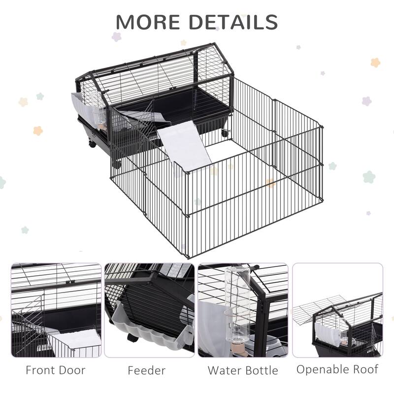 PawHut 35" Small Animal Cage Bunny Playpen with Main House and Run for Rabbit, Guinea Pigs